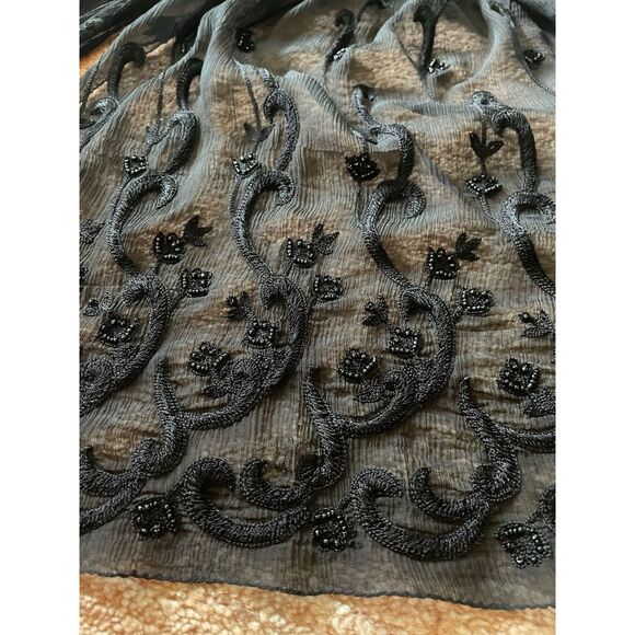 Black 100% Silk Beaded Embroidered Scarf Wrap Shawl Evening Made in India - Picture 3 of 6
